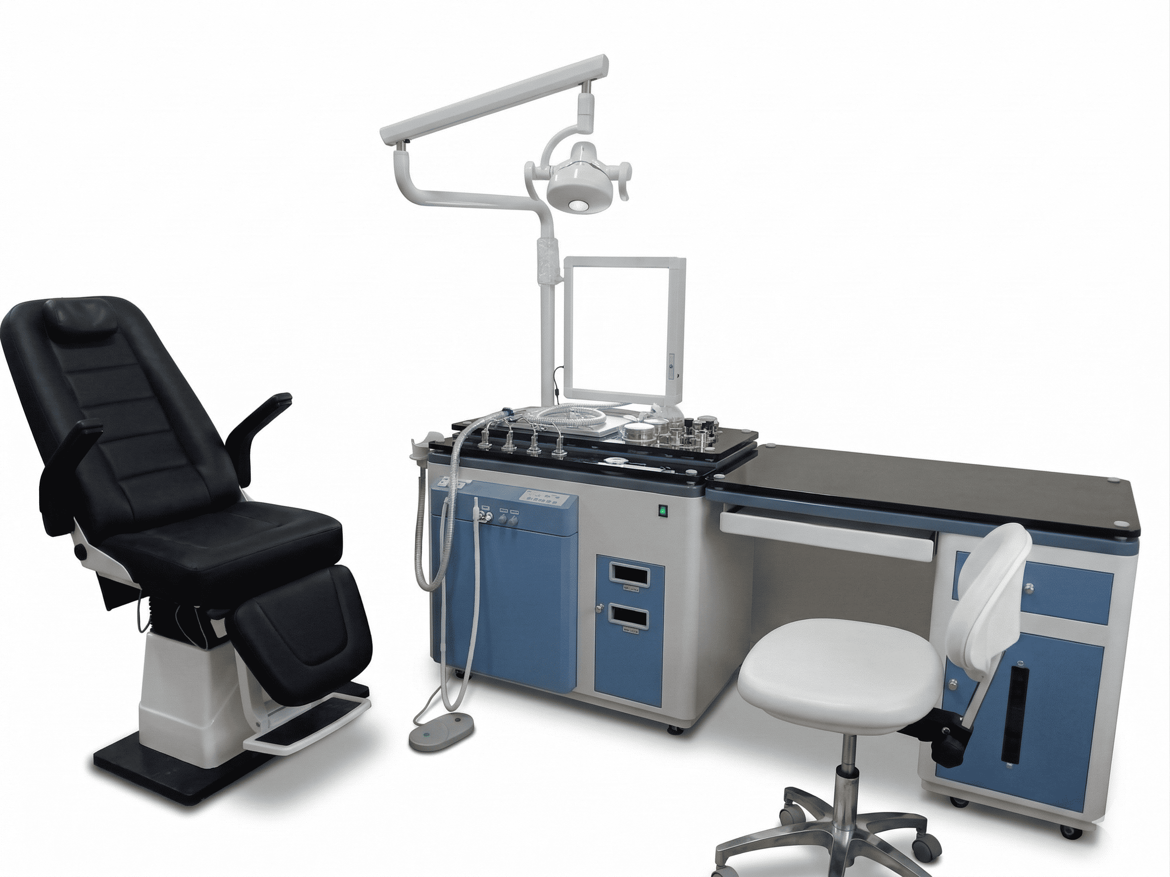 ENT OPD treatment unit with examination chair, integrated lighting, suction system, and instrument workstation for ENT diagnosis and treatment.